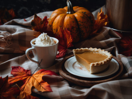 A slice of pumpkin pie on a plate next to a cup of coffee. AI generative image.の素材