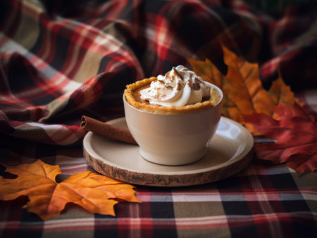 A cup of coffee with whipped cream and a cinnamon stick. AI generative image.の素材