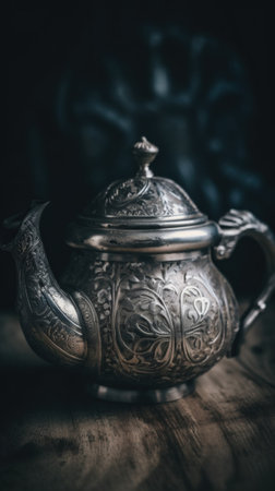 A silver teapot sitting on top of a wooden table. AI generative image.の素材