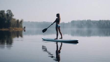 A woman paddle boarding on a calm lake. AI generative image.の素材