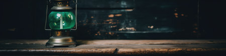 A green lantern sitting on top of a wooden table. AI generative image.の素材
