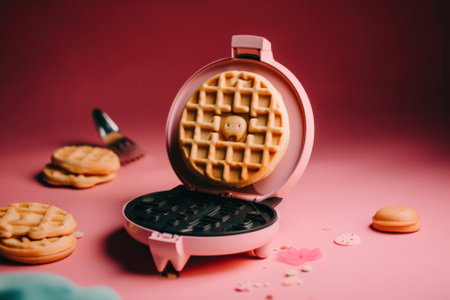 A waffle maker sitting on top of a pink surface. AI generative image.の素材