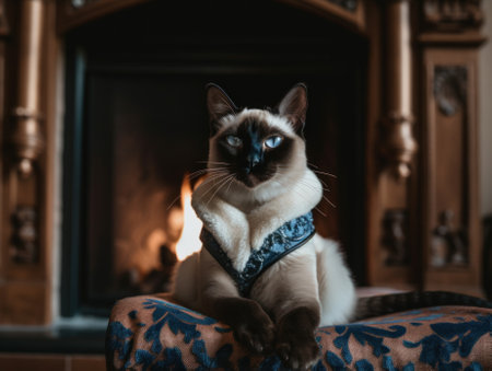 A siamese cat sitting on a pillow in front of a fireplace. AI generative image.の素材