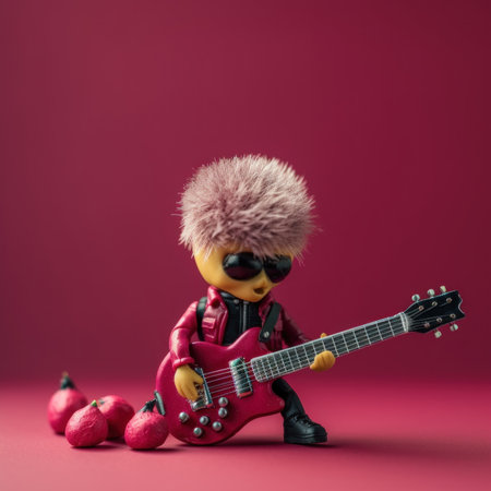 A figurine of a rebelous raspberry person with a guitar. AI generative image.の素材
