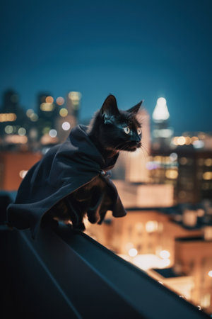 A black cat in superhero costume sitting on top of a building. AI generative image.の素材
