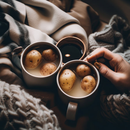 Two cups of traditional potato coffee in Belarus. AI generative image. Just for humor.の素材