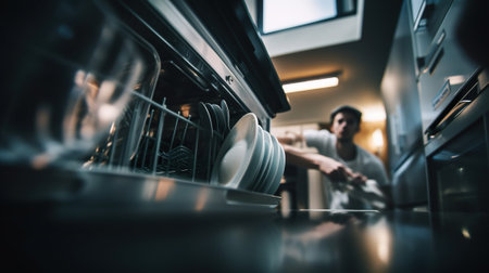 A man in a kitchen with a bunch of plates. AI generative image.の素材
