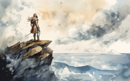 A painting of a man standing on top of a cliff. AI generative image.の素材