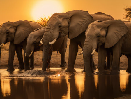 A group of elephants standing next to each other at a watering hole. AI generative image.の素材