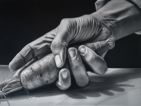 A drawing of a hand holding a bunch of carrots. AI generative image.の素材
