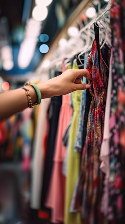 A person reaching for a dress on a rack. AI generative image.の素材