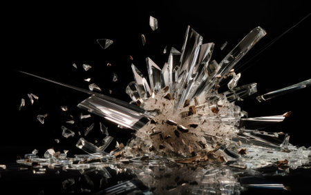 A bunch of broken glass pieces on a table. AI generative image.の素材