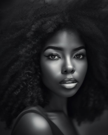A woman with an afro is posing for a picture. AI generative image.の素材