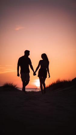 A man and a woman walking on a beach at sunset. AI generative image.の素材