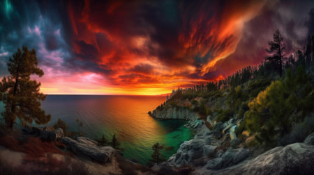 A painting of a sunset over the ocean. AI generative image.の素材