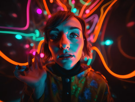 A woman in a yellow jacket with neon lights in the background. AI generative image.の素材