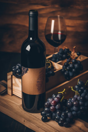 A bottle of wine next to a bunch of grapes. AI generative image.の素材