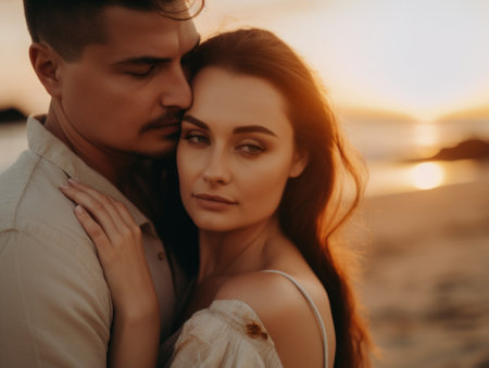 A man and a woman embracing on the beach. AI generative image.の素材