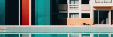 A pool in front of a multicolored building. AI generative image.の素材