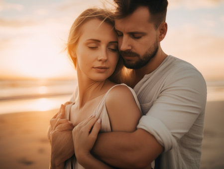 A man and a woman embracing on the beach. AI generative image.の素材