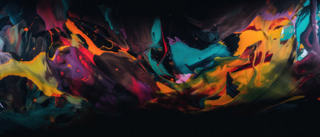 A painting of colorful paint on a black background. AI generative image.の素材