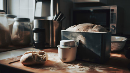 A loaf of bread sitting on top of a wooden cutting board. AI generative image.の素材