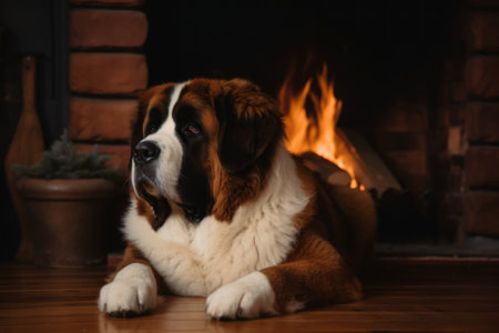 A large Saint Bernard dog laying in front of a fire place. AI generative image.の素材