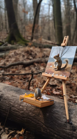 A squirrel sitting on top of a piece of wood next to an easel. AI generative image.の素材