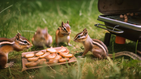 A group of chipmunns standing next to a grill. AI generative image.の素材