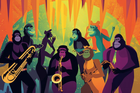 A group of monkeys playing instruments in a jungle. AI generative image.の素材