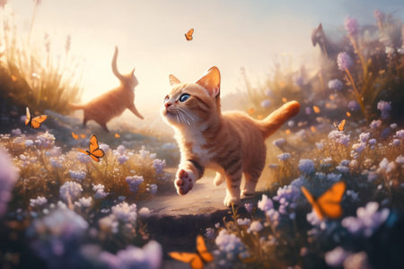 Two cats are running through a field of flowers. AI generative image.の素材