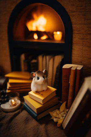 A hamster sitting on top of a pile of books. AI generative image.の素材