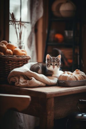 A cat laying on top of a wooden table. AI generative image.の素材