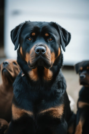 A black and brown Rottweiler dog sitting next to a brown and black dog. AI generative image.の素材