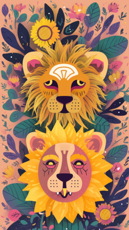 A couple of lions with sunflowers on their heads. AI generative image.の素材