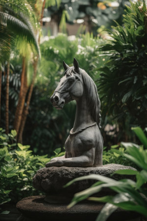 A statue of a horse in a garden. AI generative image.の素材