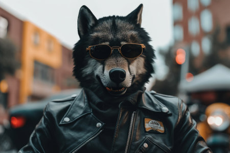 A wolf wearing sunglasses and a leather jacket. AI generative image.の素材