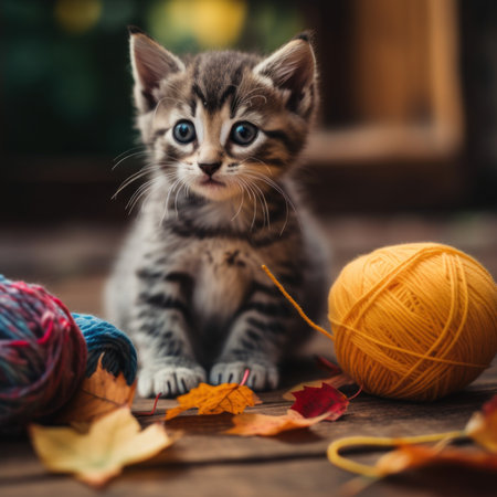 A kitten sitting next to a ball of yarn. AI generative image.の素材
