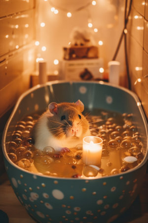 A hamster in a bowl of water with a candle. AI generative image.の素材