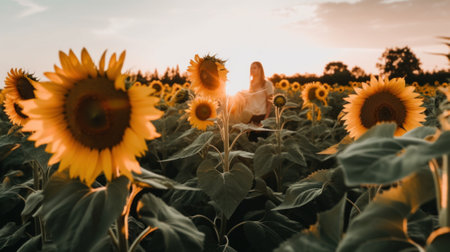A woman standing in a field of sunflowers. AI generative image.の素材