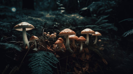 A group of mushrooms sitting on top of a lush green forest. AI generative image.の素材