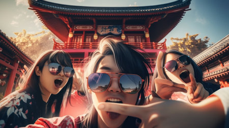 A group of women standing next to each other in front of a building. AI generative image.の素材