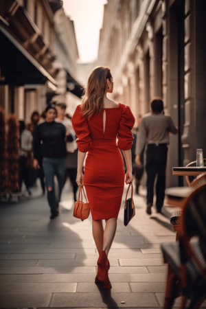 A woman in a red dress walking down a street. AI generative image.の素材
