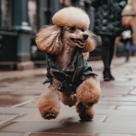 A poodle running down a sidewalk in a leather jacket. AI generative image.の素材