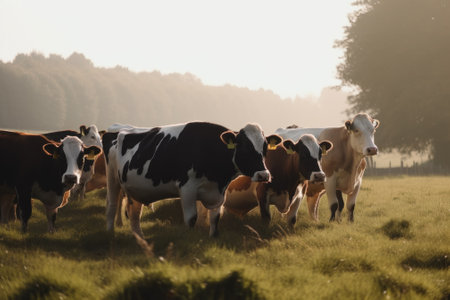 A herd of cows standing on top of a lush green field. AI generative image.の素材