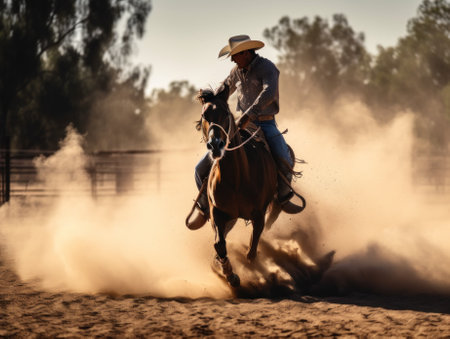 A man in a cowboy hat riding a horse. AI generative image.の素材