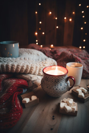 A cup of hot chocolate and marshmallows on a table. AI generative image.の素材