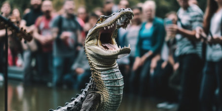 A statue of a crocodile with its mouth open in front of a crowd. AI generative image.の素材