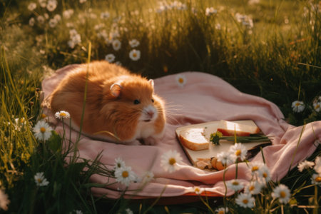 A hamster laying on a blanket in a field of flowers. AI generative image.の素材