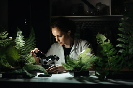 A woman in a lab coat looking through a microscope. AI generative image.の素材